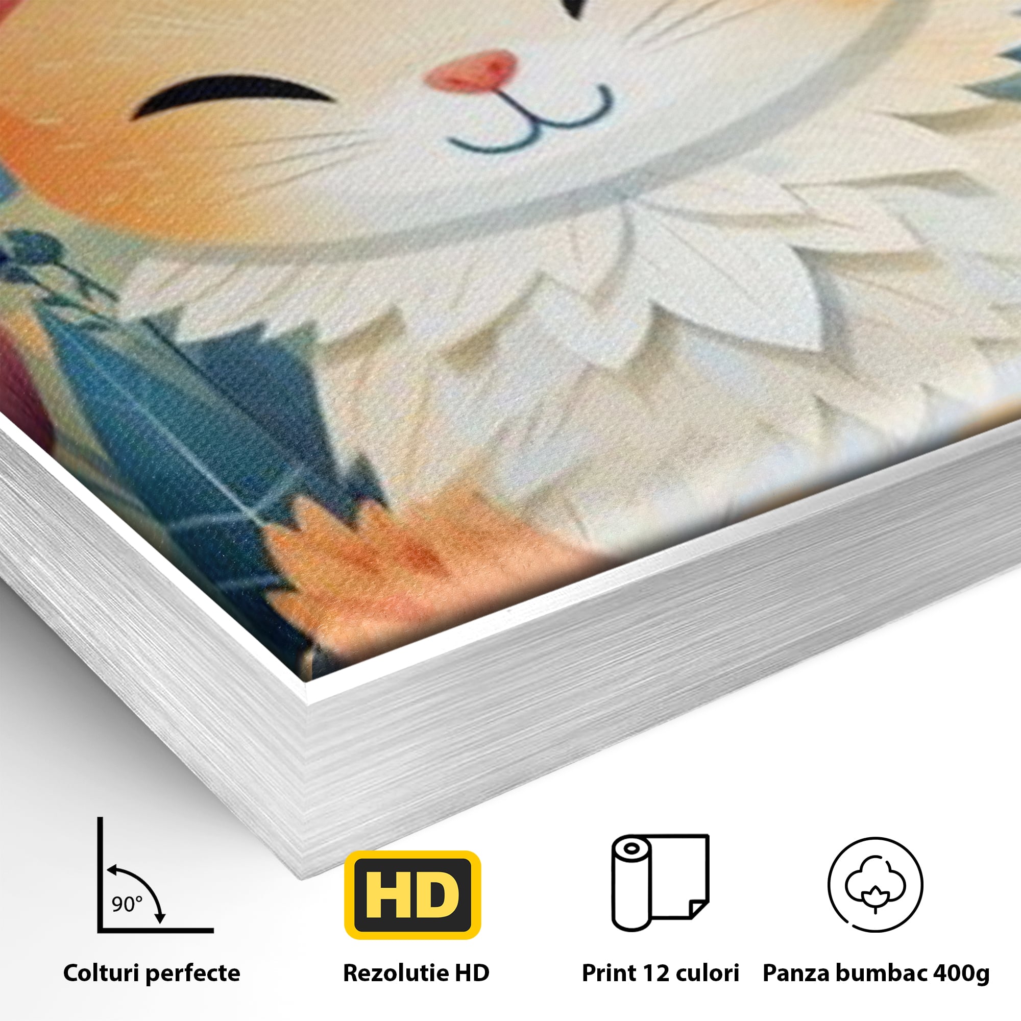 Detaliu al suprafetei: tablou canvas cu pisicuta in gradina cu flori, in rama de aluminiu argintiu